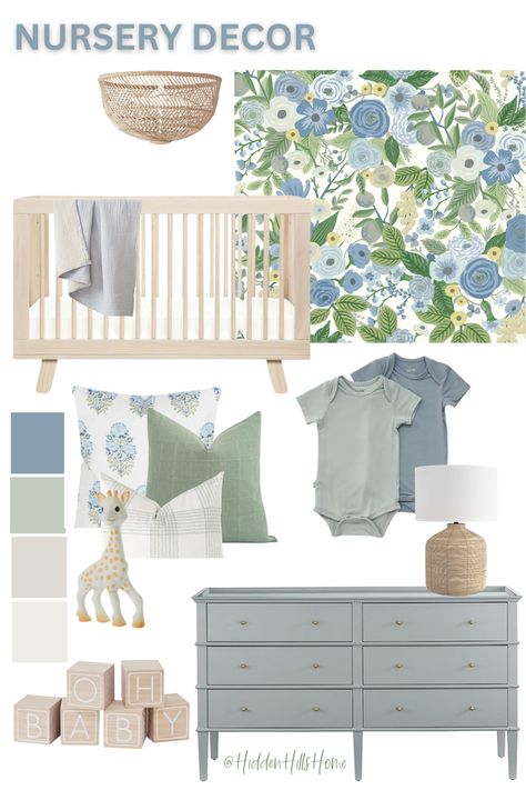 Blue and green baby girls nursery decor mood board with floral wallpaper and a wooden crib! Navy Blue And Sage Green Nursery, Dusty Blue And Sage Nursery, Pink Green And Blue Nursery, Dusky Blue Nursery, Steel Blue Nursery, Sage Green And Navy Nursery, Blue Green Master Room, Blue Nursery Dresser, Blue Green Playroom