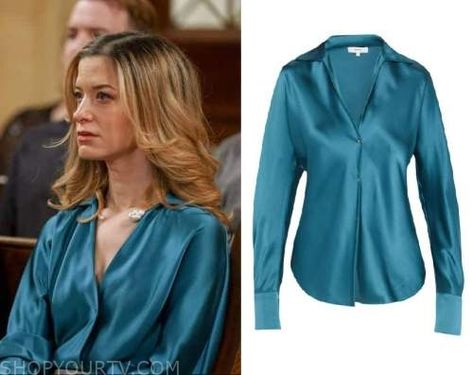 Law and Order: Season 22 Episode 20 Heather's Teal Silk Blouse Board Collage, Vision Board Collage, Turquoise Blouse, Silk Blouses, Where To Buy Clothes, Law And Order, Style Board, Silk Blouse, Heathers