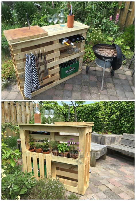 BBQ Side Table Made From 2 Old Pallets & Old Boards | Flickr Diy Outdoor Side Table Ideas, Outdoor Side Table Ideas, Bbq Side Table, Diy Outdoor Side Table, Block Pallets, Side Table Ideas, Pallet Pool, Bbq Side, Patio Flowers