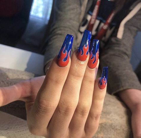 Red And Blue Flame Nails, 4th Nails, Flame Nails, Nails Aesthetic, Blue Nail Art, Life Board, Blue Flames, Fire Nails, Funky Nails