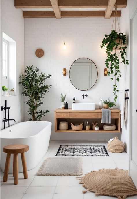 Scandi Boho Decor Scandi Boho Interior Design, Scandi Boho Bathroom, Scandi Style Bathroom, Bad Boho Style, Boho Modern Bathroom, Bathroom Scandi, Woodsy Farmhouse, Boho Minimalist Home, Scandi Boho Living Room