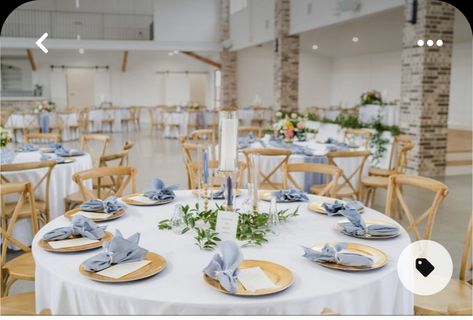 Dusty Blue Circle Table, Dusty Blue And Gold Wedding Table, Blue And Tan Wedding Decor, Gold And Blue Wedding Centerpieces, Light Blue And Gold Wedding Reception, Blue And Gold Wedding Table Decor, Dusky Blue And Gold Wedding, Blue And White Wedding Indoor, Dust Blue And Gold Wedding