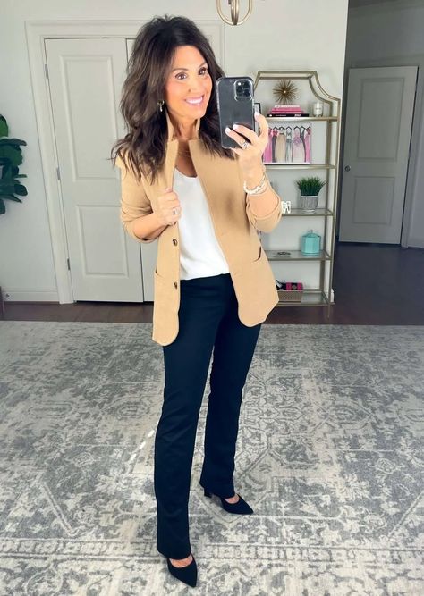 5 Ways to Style a Sweater Blazer - Cyndi Spivey Cindy Spivey Fall 2024, Winter Blazer Outfits For Women, Tan Blazer Outfits Women, Camel Blazer Outfits Women, Tan Blazer Outfits, Sweater Blazer Outfit, Ways To Style A Sweater, Camel Blazer Outfit, Blazer Outfits Women