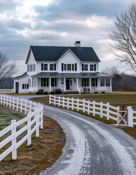 White House With Long Driveway, Nice Country Houses, Two Story White House, Remodel Old Farmhouse, Renovating Old Farmhouse, White And Black Houses, White Barn House, Black And White Farmhouse Exterior, Farmhouse Ideas Exterior