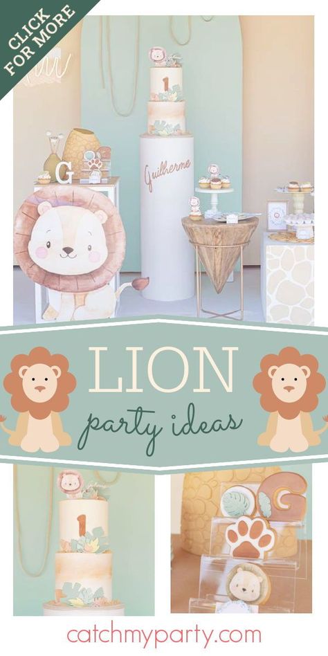 Leo The Lion Birthday Party Ideas, Lion Birthday Party Ideas Decoration, 1st Birthday Lion Theme, Lion Party Decorations, Lion 1st Birthday Party Ideas, Lion First Birthday Party Boy, Lion Theme Baby Shower Ideas, Lion Party Ideas, Lion Birthday Party Ideas