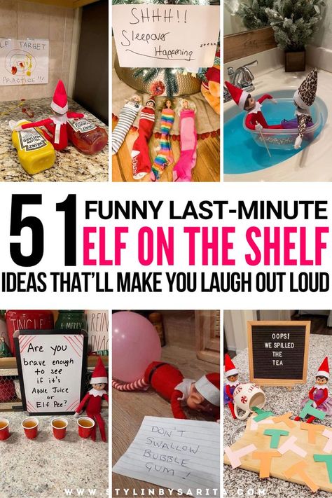 last minute elf on the shelf ideas Good Elf On The Shelf Ideas Funny, Time Out Elf On The Shelf, Butter Elf On The Shelf, Elf Rolling Down Stairs, Elf Snowman Melted, Elf Dots Candy, Elf On The Shelf Ideas Funny Hilarious Easy Ideas, 5 Days Until Christmas Elf On The Shelf, Elf On The Shelf Ideas With Big Marshmallows