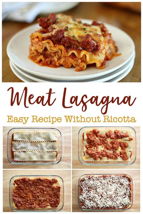 My family loves this Easy Meat Lasagna Recipe because it doesn't contain any ricotta cheese.  Using two different types of meat makes it extra filling and flavorful.  This hearty homemade lasagna only requires a few simple ingredients and freezes well. Lasagna Recipe Without Cottage Cheese, Easy Lasagna Recipe Without Ricotta, Easy Meat Lasagna Recipe, Lasagna Without Ricotta Cheese, Easy Meat Lasagna, Meat Lasagna Recipe, Easy Lasagna Recipe With Ricotta, Lasagna No Meat Recipe, Lasagna Recipe Without Ricotta