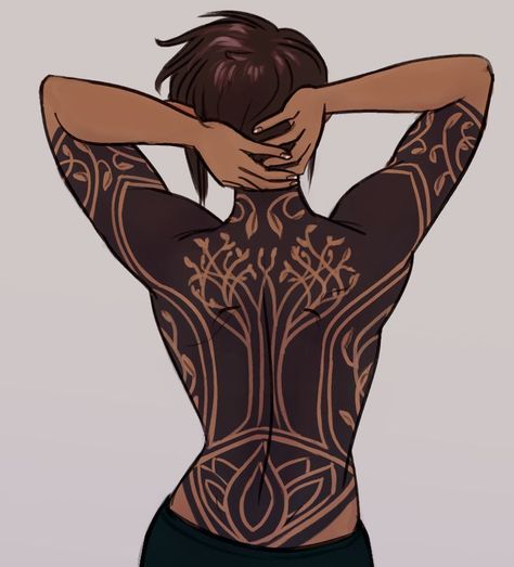 Back Tattoo Character Design, Body Markings Art, Body Markings Character, Tattooed Character Art, Tattoos Character Design, Tattooed Character Design, Body Markings Character Design, Dnd Tattoo Character, Character Design With Tattoos