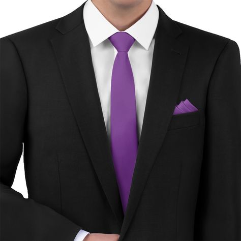 The KT Purple necktie is a brilliant royal purple, radiating elegance, creativity, and passion. Black Suits With Purple Ties, Black And Purple Suit, Costume Noir, Jewel Tone Wedding, Purple Tie, Neck Gaiters, Small Bows, Cute Summer Dresses, Royal Purple