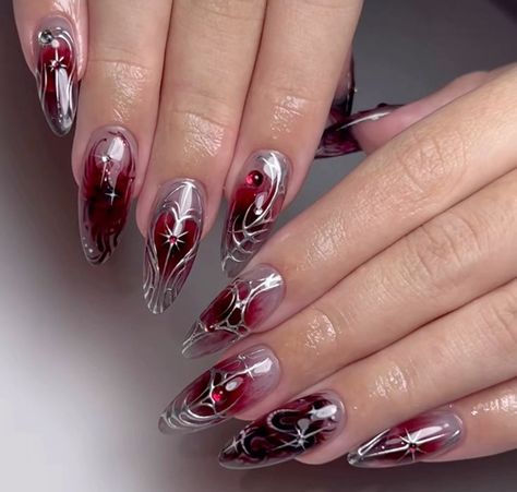 Red Royal Nails, Grey And Red Nails, Y2k Red Nails, Y2k Nails Red, Red And Silver Nail Designs, Red And Blue Nails, Royals Nails, Winter Nail Art Designs, Red And White Nails