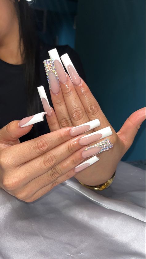 French Nails Ideas Long, Long Blinged Out Nails, Long Acrylic Nails White, Bling French Nails, Long French Tip Nails With Design, Mexican Acrylic Nails, White Long Nails, Long French Tip Nails, Long French Nails