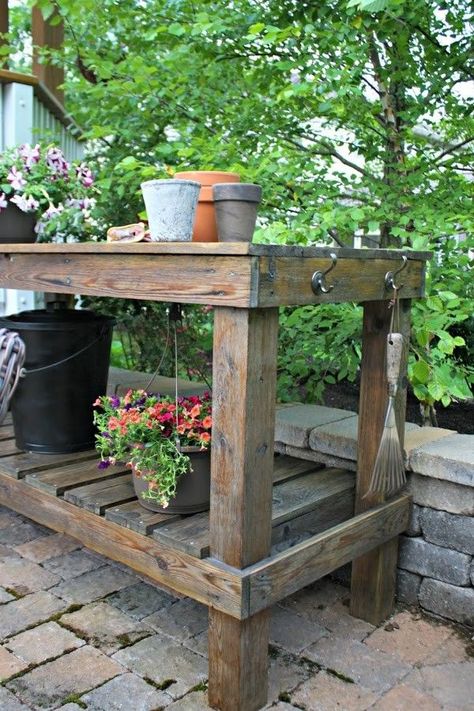 Outsunny Garden Potting Bench Table Wooden Workstation Shed with Tabletop, Hooks, 3-Tier Shelves Cabinet and 2 Magnetic Close Doors Repurposed Potting Bench Ideas, Garden Diy Decoration Ideas, Garden Work Bench, Potting Bench Ideas, Diy Potting Bench, Potting Bench Plans, Outdoor Potting Bench, Outdoor Pallet, Potting Table