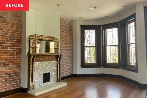 DC rowhouse living room before home staging: White walls, a couple exposed brick walls, unique brick and distressed wood fireplace, dark wood framed windows Shoe Cabinet Ikea, Cabinet Ikea Hack, Victorian Row House, Cabinet Ikea, Ikea Shoe Cabinet, Ikea Entryway, Pole Wrap, Ikea Shoe, Old Row