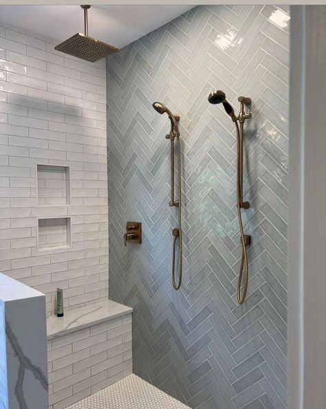 Shower Tile Color Ideas, Colorful Shower Tile Ideas, Accent Tile Wall Bathroom, Two Tone Shower Tile Ideas, Bathroom Shower Tile Combinations, Patterned Floor Tiles Bathroom, Modern Master Bath Design, Master Bath Tile Ideas, Luxury Showers Master Baths