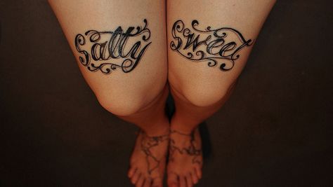 salty and sweet. by k,.d.'.a.e..'.;.e, via Flickr Girl Thigh Tattoos, Thigh Tattoo Designs, Thigh Tattoos, Custom Ink, Tattoos Ideas, Thigh Tattoo, Girl Tattoos, Sweet Tooth, For Girls