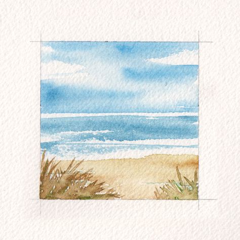 Easy Watercolor Seascapes, Watercolour Canvas Ideas, Watercolour Painting Seascape, Sea Watercolour Painting, Watercolour Inspo Easy, Beach Art Painting Watercolour, Water Paintings Easy, Seascape Paintings Easy, Water Coloring Ideas Easy Landscape