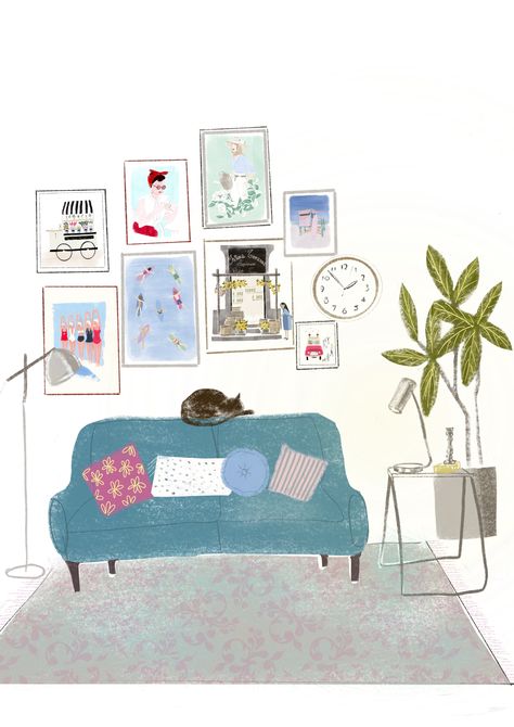 Indoor Illustration, Home Illustration Art, Watercolor Room, Cushion Illustration, House Interior Illustration, House Illustrations, Interior Design Watercolor, Cozy Living Room Illustration, Couch Illustration