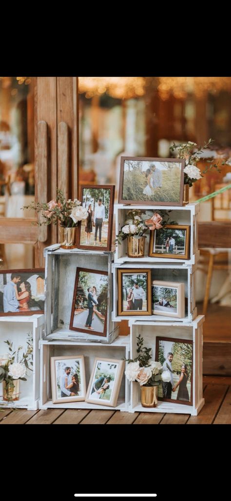 Remembrance Ladder Wedding, Wedding Couple Picture Display, Picture Tables At Weddings, White Crates Wedding Decor, Display Pictures At Wedding, Wedding Favor Table Display Ideas, Diy Wedding Centerpieces Rustic Country Table Decorations, Apple Crate Wedding Decor, Photo Timeline Display