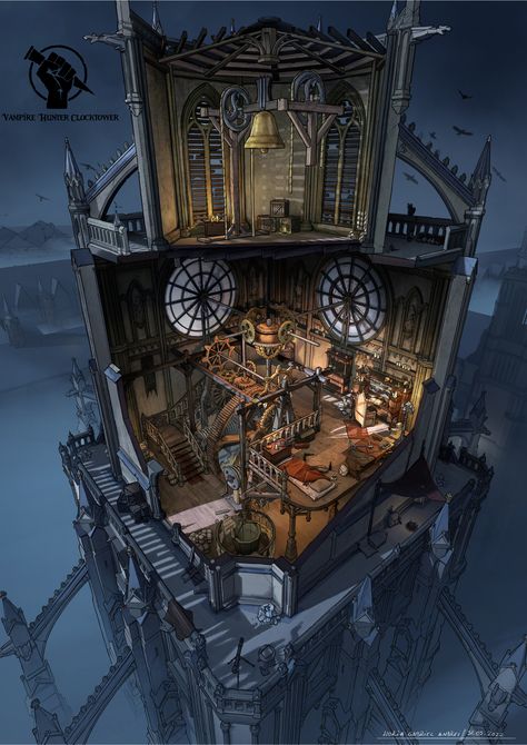 "Vampire Hunter-Clocktower" by Horia Gabriel Andrei Clocktower Concept Art, 2d Concept Art, Vampire Hunters, Hunter Room, Storybook Homes, Gothic Fantasy Art, Rpg Map, Building Concept, Medieval World