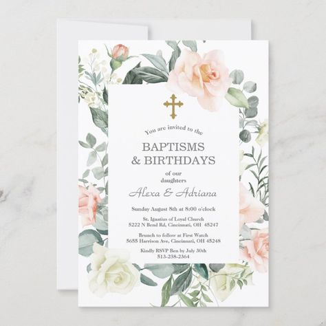 Blush White Flowers Gold Girl 1st Birthday Baptism Invitation | Zazzle.com Bautizo Ideas, Gold First Birthday, Baptism Ideas, Girl 1st Birthday, Girl Baptism, Baptism Invitation, Baptism Party, Gold Girl