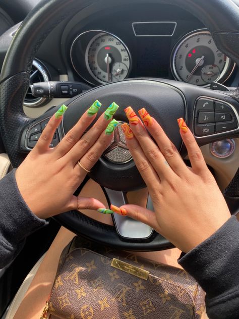 Orange And Green Acrylic Nails, Orange And Green Nails Acrylic, Green And Orange Nail Designs, Orange And Green Nail Designs, Orange Green Nails, Orange And Yellow Nail Designs, Green Abstract Nails, Yellow And Orange Nails, Green And Orange Nails