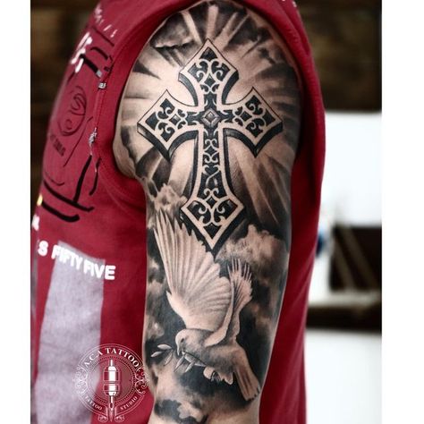 Cross Rip Tattoo, Cross Tattoos For Men On Chest, Jp Tattoo, Jesus Tattoo Sleeve, Holy Tattoos, Tattoo Bicep, Cross With Wings Tattoo, Datum Tattoo, Aztec Tattoos Sleeve