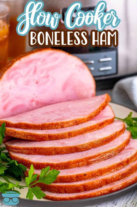 This Slow Cooker Boneless Ham is an easy meal that is great for holidays or weeknights. This ham comes out so tender and the tasty glaze makes it over the top delicious! Easter Ham Crockpot Easy Recipes, Crockpot Ham Slices Recipes, Pre Cooked Ham In Crockpot Easy Recipes, Easter Boneless Ham Recipes, Boneless Ham In Crockpot Slow Cooker, Crockpot Precooked Ham, Half Ham In Crockpot, Whole Ham In Crockpot, Slow Cook Ham Crock Pots