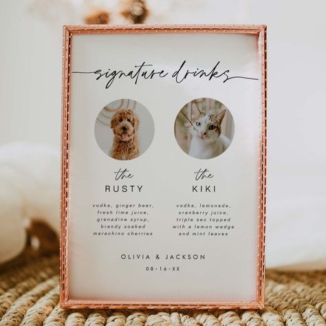 Our paper poster sign is perfect to add to a frame to display at the bar at you wedding or event - Let your pet be a part of your special day with this signature drink photo sign. Drink Menu Wedding, Wedding Drink Menu Sign, Signature Drink Menu, Wedding Drink Menu, Photo Signature, Menu Wedding, Coffee Wedding, Photo Sign, Drink Photo