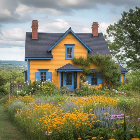 Yellow Trim House Exterior, Little Yellow House, Yellow House Aesthetic, Unique House Colors Exterior, Cottage Colours, Land Painting, Yellow House Exterior, Colorful Exterior, Cute Cottages