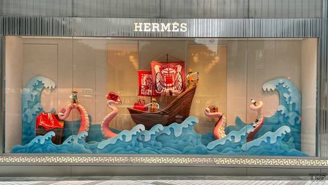 Window Displays | Hermes - Resort 2021 Ready-to-Wear collection Hermes Window, Summer Window Display, Vitrine Design, Window Display Retail, Summer Window, Visual Merchandising Displays, Store Window Displays, Window Display Design, Store Window