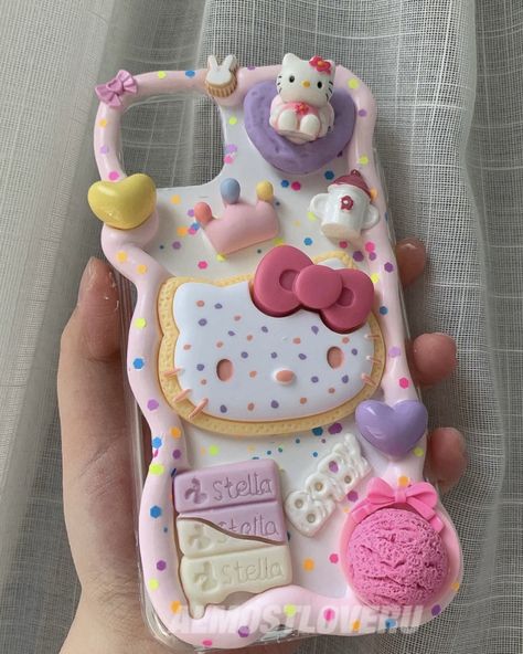 Hello Kitty Iphone Case, Decoden Phone Cases, Decoden Diy, Decoden Case, Diy Phone Case Design, Cream Glue, Decoden Phone Case, Handmade Phone Case, Girly Phone Cases