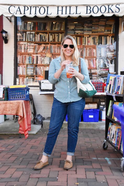 An Easy Casual Fall Weekend Outfit - DC Girl in Pearls #ginghamshirt #casualfalloutfit Fall Weekend Outfits, Pencil Skirt Work, Autumn Weekend, Casual Outfit Inspiration, I Really Appreciate, Gingham Shirt, Clothing Websites, Simple Recipes, Weekend Outfit