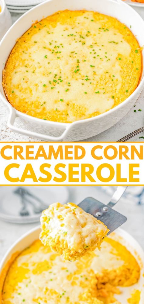 Creamed Corn Casserole — The EASIEST holiday side dish you’ll ever make! This CREAMY, cheesy corn casserole is a simple stir-and-bake affair that can be made in advance! The texture is a cross between a souffle and cornbread. Slightly gooey, slightly firm, and pairs perfectly with your favorite Thanksgiving, Christmas, and Easter dishes! Creamy Cheesy Corn, Creamed Corn Casserole, Sweet Corn Casserole, Cheesy Corn Casserole, Creamy Corn Casserole, Easy Holiday Side Dishes, Cream Corn Casserole, Monterey Chicken, Easy Mashed Potatoes