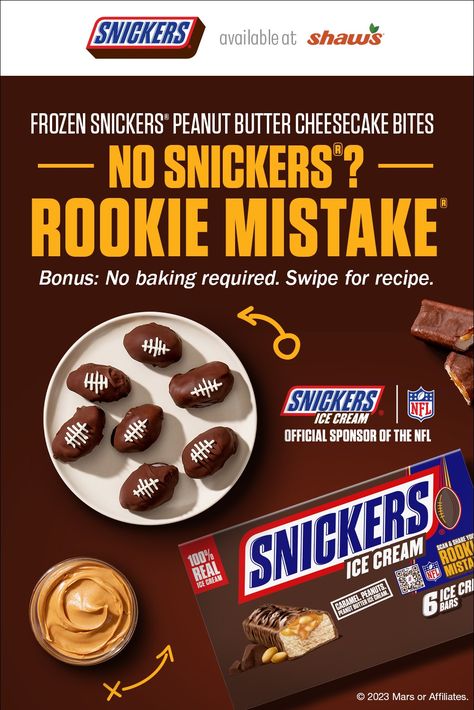 Don’t let Rookie Mistakes ruin your season. Grab SNICKERS® Ice Cream for your football party. Brand Analysis, Snickers Ice Cream, Peanut Butter Ice Cream, Peanut Butter Cheesecake, Cheesecake Bites, Football Party, Food Dessert, Yummy Food Dessert, Vegan Food