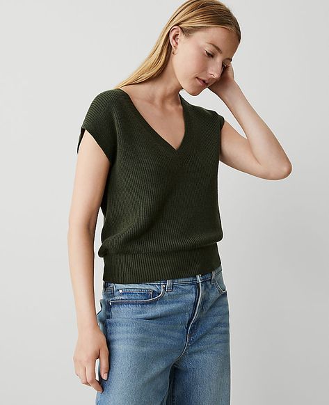 Introducing Ann Taylor Weekend – relaxed separates and easy pairings that take the work out of getting dressed. V-neck. Cap sleeves. Ribbed neckline and hem.,Imported:Imported,Fit:Fitted,Length:21" long,Fabrication:55% Viscose, 45% Nylon,Garment Care:Machine Washable AT Weekend Ribbed V-Neck Sweater Vest by Ann Taylor Size regular - XL Hunters Green Women's Cotton, Blend, V-Neck, Sleeveless, Vest, Sweaters, 55%, Viscose, 45%, Nylon, Machine, Washable Best Fall Sweaters Womens Sweater Vest, Vest Sweaters, Classic Fall Style, Fall Wardrobe Essentials, Fall Layering, Summer Sweaters, Late Fall, Sleeveless Turtleneck, Fall Capsule Wardrobe