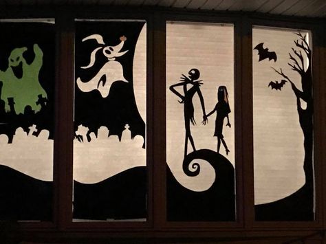 This year's DIY Halloween Nightmare Before Christmas window design. #nightmarebeforechristmas Diy Halloween Window Decorations, Diy Halloween Window, Spooky Window, Halloween Window Silhouettes, Make Decorations, Christmas Hallway, Disney Halloween Decorations, Office Halloween Decorations, Halloween Decorations To Make