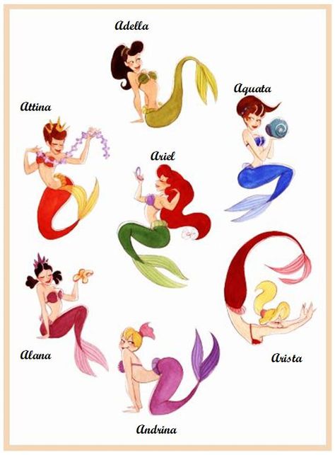 Ariel, Adella, Aquata, Arista, Andrina, Alana, Attina Ariels Sisters, Character Design Cartoon, Animation Disney, Ariel Disney, Princess Ariel, Disney Fairies, Disney Ariel, Art Women, Pinturas Disney