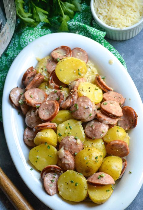 Instant Pot Kielbasa & Creamy Potatoes - The Quicker Kitchen Kielbasa And Potatoes, Pressure Luck, Creamy Potatoes, Ip Recipes, Kielbasa Recipes, Cabbage And Potatoes, Instant Pot Cookbook, Polish Sausage, Feed A Crowd