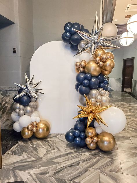 Parties And Events | Mod Balloons | United States Blue And Gold Graduation Party Ideas, Blue And Gold Decorations, Balloon Door, Backyard Wedding Decorations, Birthday Theme Decoration, Blue Gold Wedding, Blue Party Decorations, Gold Graduation Party, 100th Birthday Party