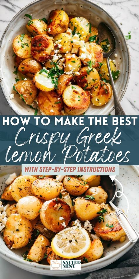 These authentic Crispy Greek Roast Potatoes with Lemon and Feta are the perfect Greek recipe! Roasted to perfection with garlic and a zesty lemony twist, these BBQ side dish gems are picnic and potluck favorites. Lemon Greek Potato Salad, Crispy Lemon Potatoes, Lemon Garlic Potatoes Greek, Mediterranean Potatoes Recipes, Greek Mini Potatoes, Greek Lunch Party, Greek Oven Roasted Potatoes, Greek Baked Potatoes, Authentic Greek Potatoes