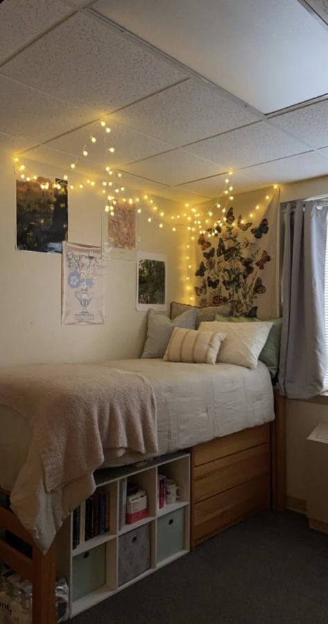 Forest Dorm Room, Dorm Inspo Green, Washu Dorm, College Dorm Room Ideas Cozy, Dorm Set Up Layout, Double Dorm Room Ideas, Dorm Room Mirror, Cozy Dorm Room Aesthetic, Dorm Inspo Cozy