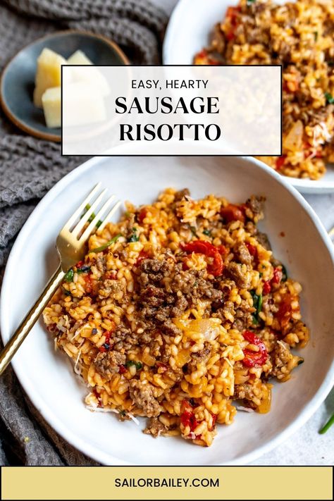 Sausage Risotto is a hearty, satisfying dish that combines the richness of Italian sausage with the creamy texture of Arborio rice. via @sailor_bailey Sausage Risotto, Sausage Rice, Arborio Rice, Fall Dinner Recipes, Salmon Dishes, White Bean Soup, Risotto Recipes, Easy Lunch, Easy Casserole