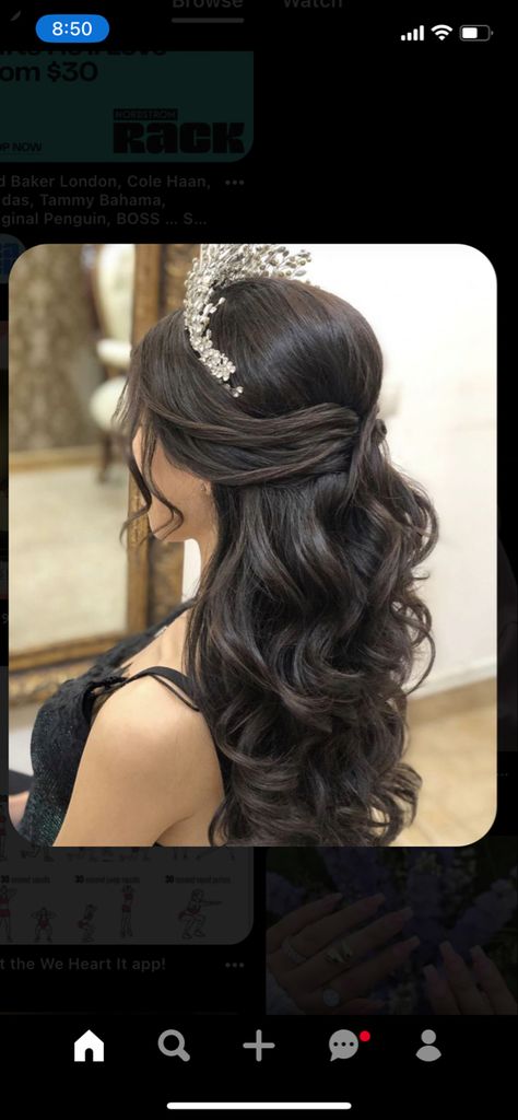 Half Up Half Down 15 Hairstyles, Tiara Half Up Half Down Hair, Quinceanera Half Up Half Down Hairstyles, Quince Hairstyles With Crown Long Hair, Hairstyles Quinceanera Half Up, Half Up Half Down Wedding Hair With Crown, Hairstyles For Quinces, Hairstyles For Damas Quinceanera, Peinados De Quinceanera Suelto