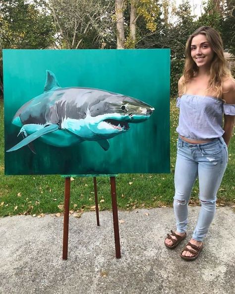 Ocean Shark, Shark Painting, Aspen Art, Art Realism, Shark Art, Water Ocean, Summer Painting, Wildlife Paintings, Art Painting Gallery