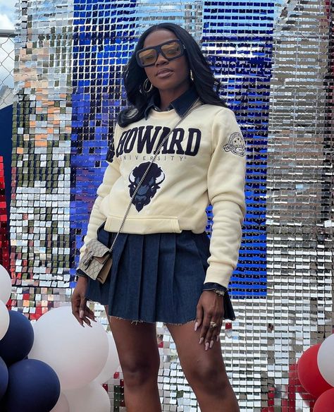 HOWARD BISON Chenille Cream  | Unisex Sweatshirt  (aja) Letterman Sweater Outfit, Homecoming Sweatshirts, Dressing Up A Sweatshirt, Howard Homecoming Outfits, Hbcu Party Outfits, Homecoming Game Outfits College Hbcu, Lsu Designs, Hbcu Homecoming Outfits Black Woman, Hbcu Game Day Outfit