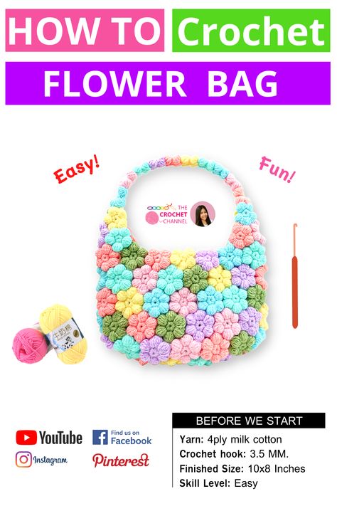 Crochet Flower Bag Pattern Free, Flower Puff Crochet, Puff Crochet Bag, Crochet Puff Flower Bag, Flower Puff Stitch, Crochet Flowers Tutorial, Diy Crochet Flowers Tutorial, Diy Crochet Flowers, Crochet Puff Flower