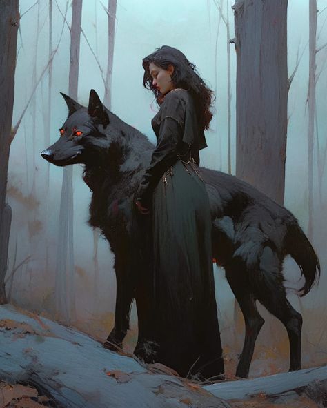 Wolf And Girl, Black Wolf, A Wolf, Wolf Art, Fantasy Inspiration, Character Portraits, Dark Fantasy Art, Fantasy Character Design, In The Woods