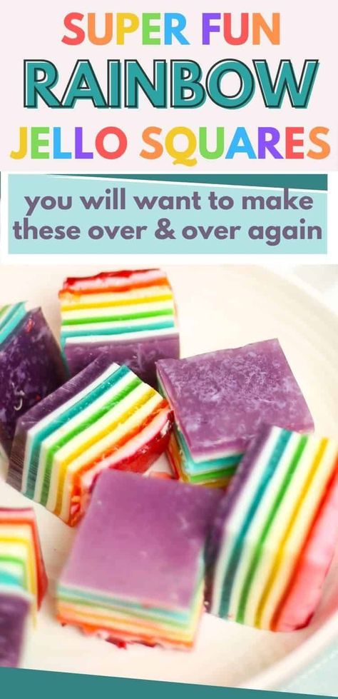 Jello Squares, Layered Jello Recipe, Desert Salads, Rainbow Jello, Jello Dessert, Layered Jello, Dessert Squares, Rainbow Desserts, Jello Dessert Recipes