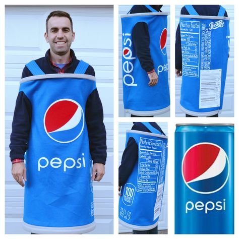 Pepsi. Halloween costume. Homemade. Felt. Pellon. Puff paint. Soda Costume Diy, Pepsi Halloween Costume, Pepsi Costume, Pepsi Outfit, Halloween Costume Homemade, Purim Ideas, Costume Homemade, Food Costumes, Clever Halloween Costumes