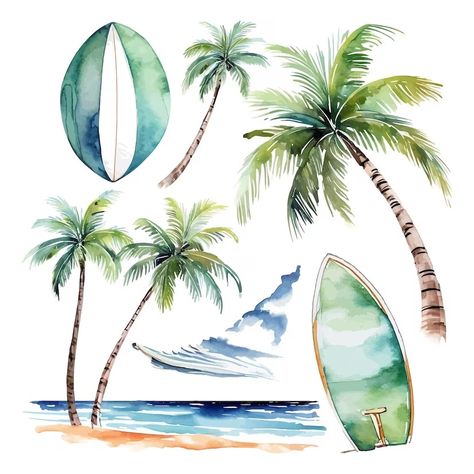 Premium Vector | Watercolor beach clipart palm tree landscape Palm Tree Clip Art, Palm Tree Watercolor, Palm Tree Landscape, Watercolor Palm Tree, Beach Elements, Palm Trees Landscaping, Beach Clipart, Watercolor Beach, Tree Landscape